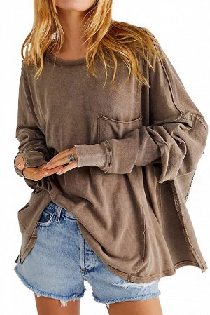 Brown Exposed Seam Thumbhole Drop Shoulder Loose Sweatshirt