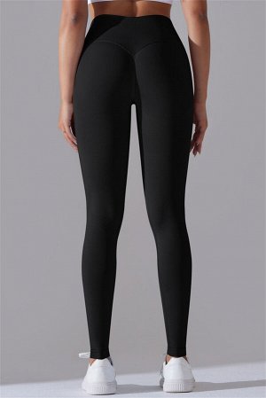 Black Solid Color Seamless V-Waistband Sports Leggings