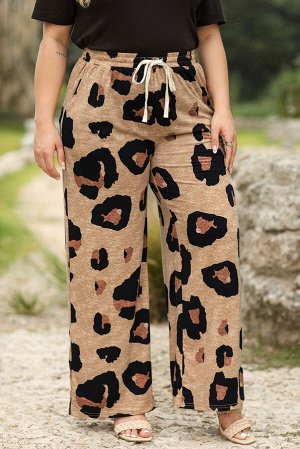 VitoRicci Light French Beige Leopard Print Drawstring Wide Leg Plus Size Lounge Pants
