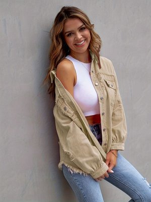 Женская джинсовая куртка с длинными рукавами, карманами и потёртостями, на пуговицах, цвет бежевый