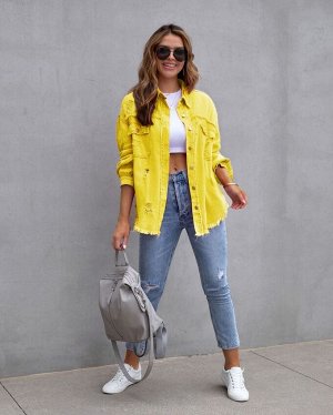 Женская джинсовая куртка с длинными рукавами, карманами и потёртостями, на пуговицах, цвет жёлтый