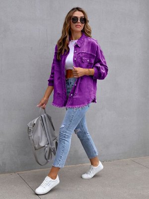 Женская джинсовая куртка с длинными рукавами, карманами и потёртостями, на пуговицах, цвет тёмно-фиолетовый