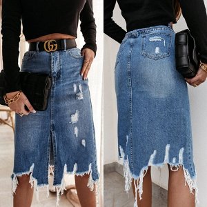 Женская джинсовая миди-юбка с карманами, разрезом спереди и рваным подолом, цвет синий