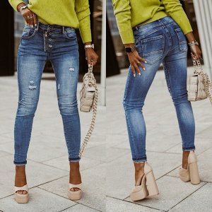 Женские облегающие джинсы с карманами, на пуговицах, цвет синий