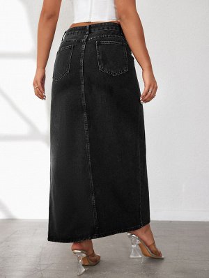 Женская длинная джинсовая юбка с карманами и вырезом спереди, цвет чёрный