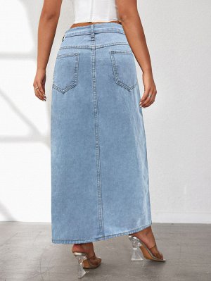 Женская длинная джинсовая юбка с карманами и вырезом спереди, цвет голубой