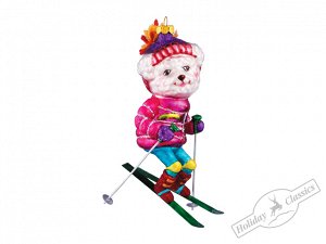 Собака "Лыжница" в розовой куртке и фиолетовой шапочке с помпоном (стекло) П/У, 7х14,5 см