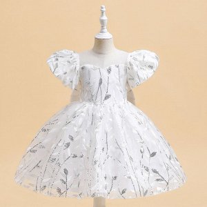 Платье детское с пайетками, цвет белый, принт "листочки"