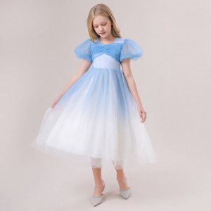 Платье детское с рукавами буфами, цвет синий, со стразами