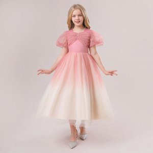 Платье детское с рукавами буфами, цвет розовый, со стразами