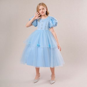 Платье детское с рукавами буфами, цвет синий