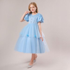 Платье детское с рукавами буфами, цвет синий