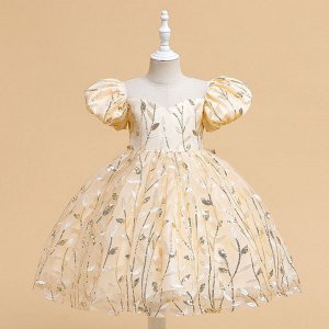Платье детское с пайетками, цвет бежевый, принт "листочки"