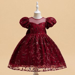 Платье детское с пайетками, цвет красный, принт "листочки"