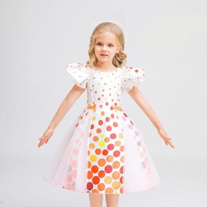 Платье детское с коротким рукавом, цвет белый/оранжевый, принт "горошек"
