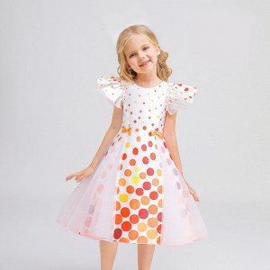 Платье детское с коротким рукавом, цвет белый/оранжевый, принт "горошек"
