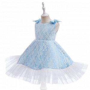 Платье детское без рукавов, цвет голубой, с принтом, с бантиками
