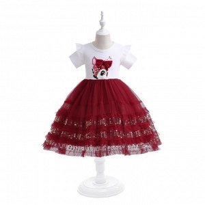 Платье детское с коротким рукавом, цвет белый/красный, с пайетками, принт "Лисенок"