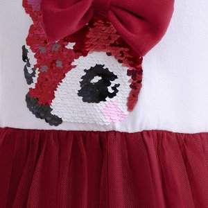 Платье детское с коротким рукавом, цвет белый/красный, с пайетками, принт "Лисенок"