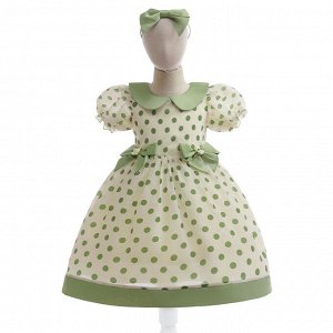 Платье детское с коротким рукавом, цвет зеленый, принт "горошек", с ободком