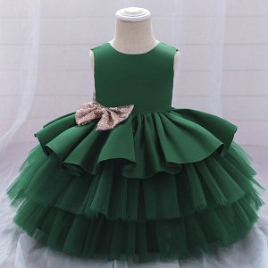 Платье детское для малышки, цвет темно-зеленый, с бантиком