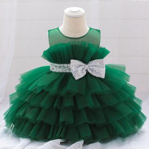 Платье детское для малышки, цвет темно-зеленый, с бантом