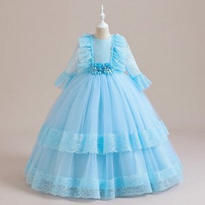 Платье детское бальное с длинным рукавом, цвет синий