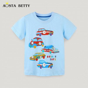 Детская голубая футболка с принтом Автомобили