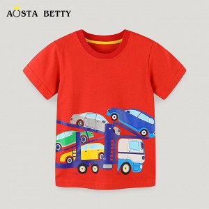 Детская красная футболка с принтом Автомобили