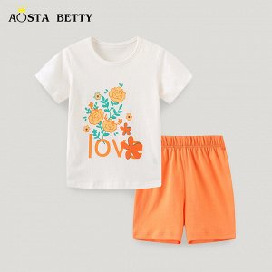 Детский костюм (футболка с принтом и оранжевые шорты)