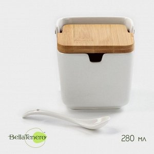 Банка для сыпучих продуктов BellaTenero, 280 мл, 9?9,5 см, с ложкой, бамбуковая крышка, фарфор, бела