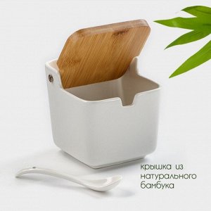 Банка для сыпучих продуктов BellaTenero, 280 мл, 9?9,5 см, с ложкой, бамбуковая крышка, фарфор, бела