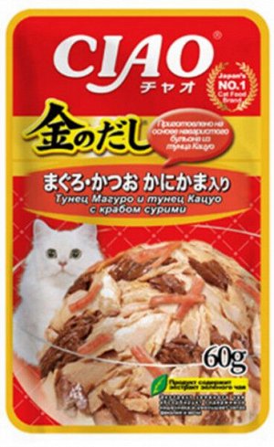 Inaba Kinnodashi влажный корм для кошек Тунец Магуро и Кацуо с крабом сурими в желе 60гр пауч АКЦИЯ!