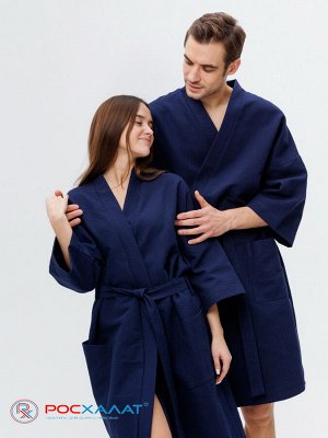 Вафельный халат Кимоно унисекс "Ромбы" темно-синий В-12 (28)