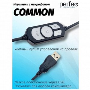 Наушники Perfeo COMMON, компьютерные, микрофон, 108 дБ, USB, 1.8 м, черные
