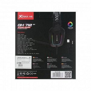 Наушники Xtrike Me GH-712, игровые, полноразмерные, подсветка, mic, USB + 3.5мм, 2 м,чёрные