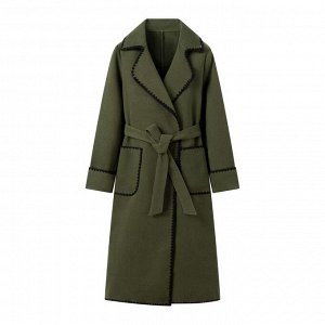 Пальто женское длинное с поясом, без подклада, демисезонное, зеленое с черной отделкой