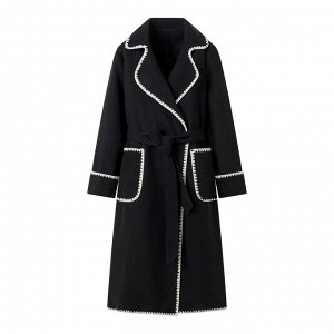 Пальто женское длинное с поясом, без подклада, демисезонное, черное с белой отделкой