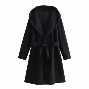 Пальто женское средней длины с капюшоном и поясом, черное