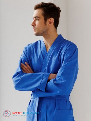 Мужской вафельный халат с планкой синий В-03 (16)