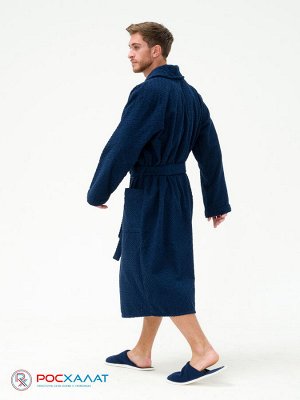Жаккардовый мужской махровый халат с шалькой темно-синий МЗ-11 (88)