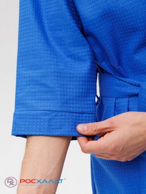 Мужской укороченный вафельный халат с планкой синий В-05 (16)