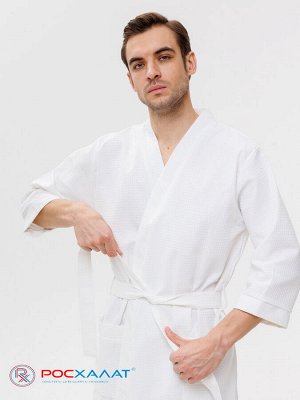 Мужской укороченный вафельный халат с планкой белый В-05 (9)