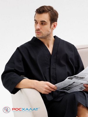 Мужской укороченный вафельный халат с планкой черный В-05 (27)