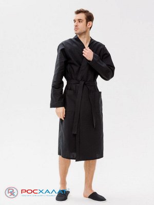 Мужской вафельный халат с планкой черный В-03 (27)