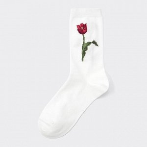 GU - носочки с цветочным принтом (23～25см) - 01 OFF WHITE