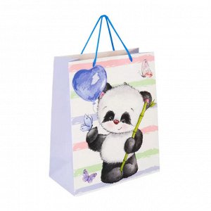 Пакет подарочный 26x32x13 см, вертикальный, глиттер, белый с голубым ЗОЛОТАЯ СКАЗКА "Lovely Panda"
