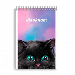 Блокнот А7, 40 л., клетка, гребень, обл. мелов. картон, УФ-лак выборочный с глиттером "Черный кот " Феникс +