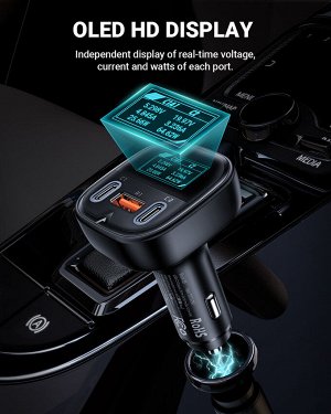 PREMIUM Автомобильное зарядное устройство ACEFAST B5 101W = 65W USB-C2 + 36W USB-A1 + 36W USB-C1 с LED дисплеем