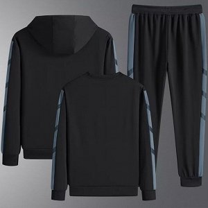 Мужской спортивный костюм-тройка (толстовка с капюшоном + свитшот + джоггеры) свободного кроя, черный/синий